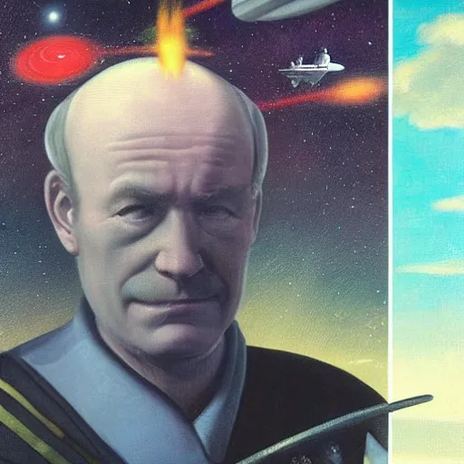 Image similar to a scottish-space-captain who is balding gives you a smirk on his star fleet ship by Raphael, Hopper, and Rene Magritte. detailed, romantic, enchanting, trending on artstation.
