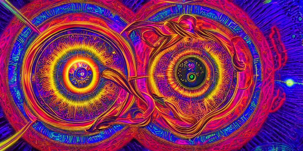 Prompt: dmt spirits, eye of horace, sacred non - euclidean space, time elves, psychedelic architecture, soul frequency, 8 k resolution, highly detailed,