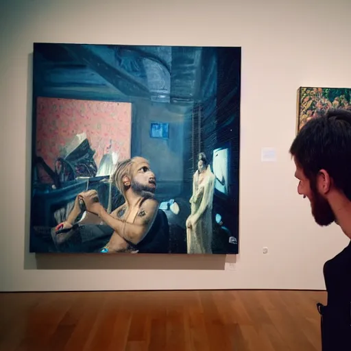 Image similar to art curator looking bored at paintings on a screen in a chat interface, in the style of grand chamaco and stanley kubrick, inspired by die antwoord, photorealistic, epic, super technical, cinematic still