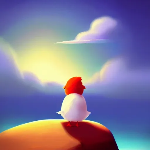 Image similar to goro fujita ilustration a cute little bird perched on a rock watching the ocean and the waves with their foam, the sky with fluffy clouds and makes a warm light, painting by goro fujita, sharp focus, highly detailed, artstation