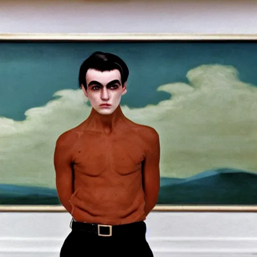 Prompt: a fine art portrait of a young man with black hair that is shorter on the sides, and asymmetrical eyebrows so that one eyebrow is bigger than the other eyebrow. Bags under his eyes. In the style of Stanley Kubrick and Wes Anderson, Art directed by Edward Hopper.