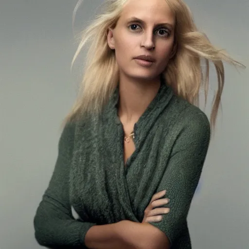 Image similar to photograph by annie leibovitz of olive skinned blonde female in her thirties wearing designer clothes