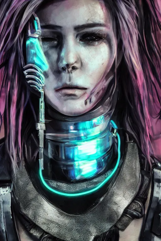 Image similar to detailed realistic cyberpunk female character cyberpunk wearing steel collar around neck, realistic, art, beautiful, 4K, collar, choker, collar around neck, punk, artstation, detailed, female, woman, choker, cyberpunk, neon, punk, collar, choker, collar around neck, thick collar, choker around neck, wearing choker, wearing collar, bright neon punk hair,