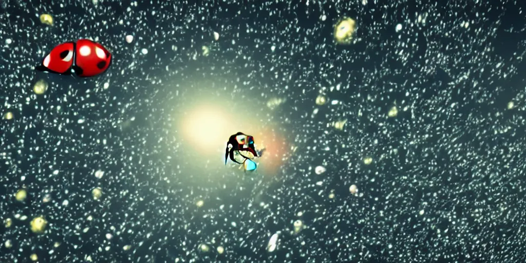 Image similar to a 3 d rendered movie still from a distance of 3 0 m of a ladybug 1 million years from now. the ladybug is sentient, wears tiny spacesuit, and travels the stars in a super trippy space ship. science fiction blockbuster movie ladybugs rule the world, imax 7 0 mm. bladerunner.