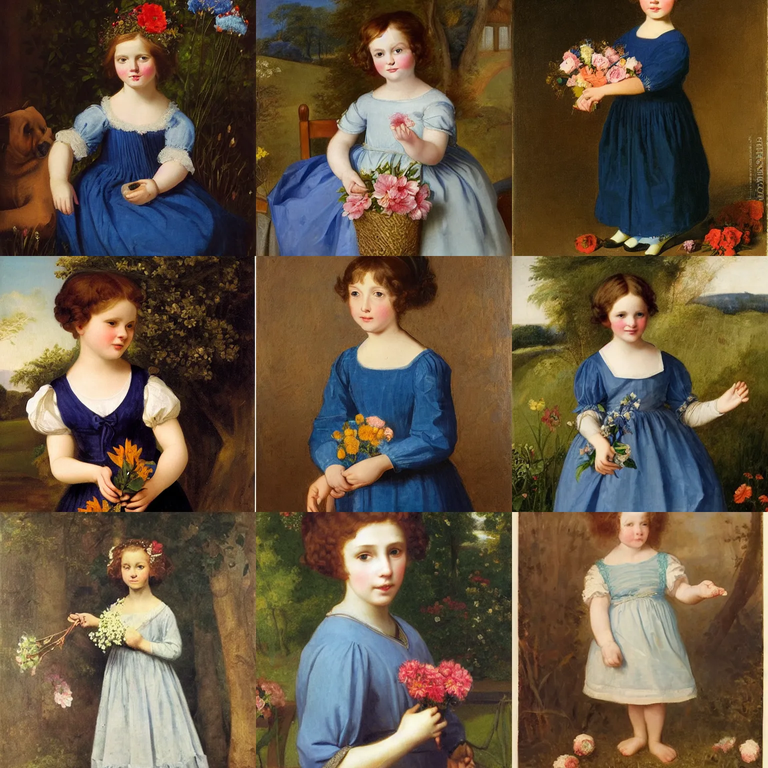 Prompt: A beautiful girl with flowers in her hand and a blue dress, Stubbs George