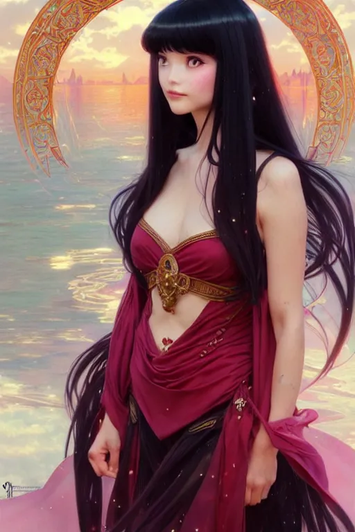 Image similar to a beautiful princess, long black hair and bangs, sailor mars aesthetic, fantasy, intricate, elegant, highly detailed, digital painting, artstation, concept art, matte, sharp focus, illustration, art by Artgerm and Greg Rutkowski and Alphonse Mucha