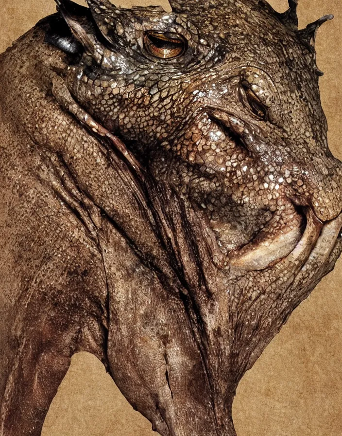 Image similar to high resolution photo portrait of muscular animal human merged head dolphin horse head, shark merging snake goat skin ears, background removed, scales skin frog rat, alligator cat merged bird head cow, chicken face morphed fish head, gills, horse head animal merge, morphing dog head, animal eyes, merging crocodile head, anthropomorphic creature