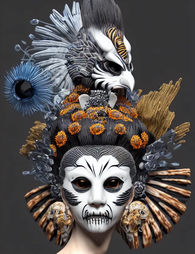 Image similar to 3 d goddess close - up profile simple portrait punk with mohawk with tiger skull. beautiful intricately detailed japanese crow kitsune mask and clasical japanese kimono. betta fish, jellyfish phoenix, bio luminescent, plasma, ice, water, wind, creature, artwork by tooth wu and wlop and beeple and greg rutkowski