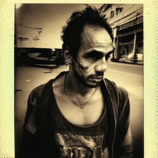 Image similar to polaroid picture, sepia, homeless manu chao in the streets of bogota, perfect face, symmetrical face, fine details, day setting, ethereal, trending on artstation