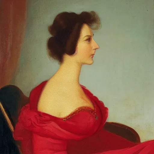 Prompt: painting of a woman seated in profile, holding a small white ermine in her left hand. She is dressed in a lavish red and gold gown, and her dark hair is pulled back from her face in a severe style. Her expression is one of calm detachment, and she stares straight ahead with a slight smile on her lips.