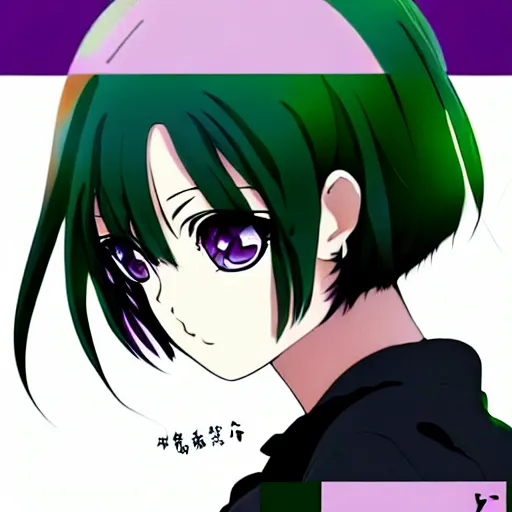 Image similar to anime poster film still portrait, young black woman, black black black woman, purple colored eyes!!!!, white!!! french bob hairstyle, green colored bomber jacket, detailed facial features, dynamic pose,, rimlight, cel shaded, 4 k