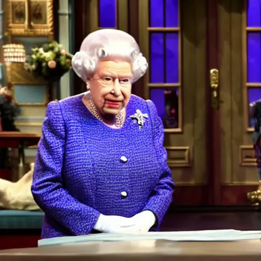 Prompt: 2 0 2 2 modern day queen elizabeth ii hosting snl saturday night live opening monologue tv television still