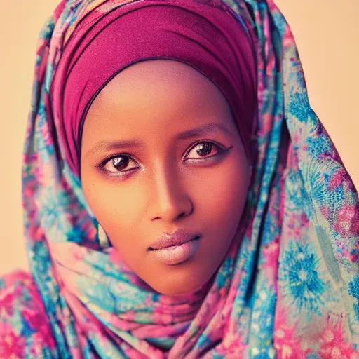 Image similar to studio photography, portrait photo, somalia, vintage, somali woman, beautiful, dreamy, studio ghibli, pastel, highly detailed, happy