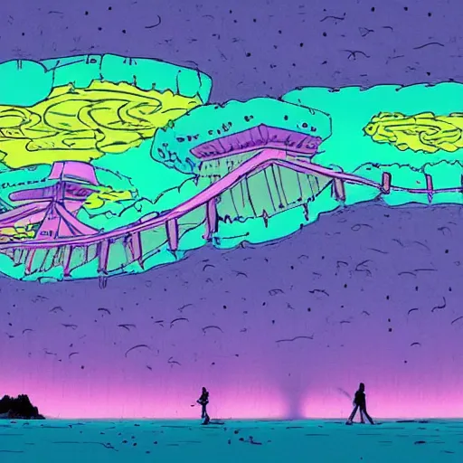 Prompt: spontaneous dayglo purple by skottie young. a experimental art of a group of flying islands, each with its own unique landscape, floating in the night sky. the islands are connected by a network of bridges. a small group of people can be seen walking along one of the bridges.