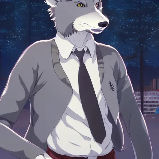 Image similar to key anime visual still portrait of beastars anthropomorphic anthro male grey wolf furry fursona, handsome eyes, cream color fur, school uniform, in a city park at night, official studio anime still