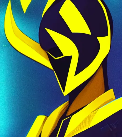 Image similar to symmetry!! yellow ranger, lightning - bolt - shaped eye - lense!!, hard edges, product render retro - futuristic poster scifi, thunderbolt and neon circuits, thunder strikes, intricate, elegant, highly detailed, digital painting, artstation, concept art, smooth, sharp focus, illustration, dreamlike, art by artgerm