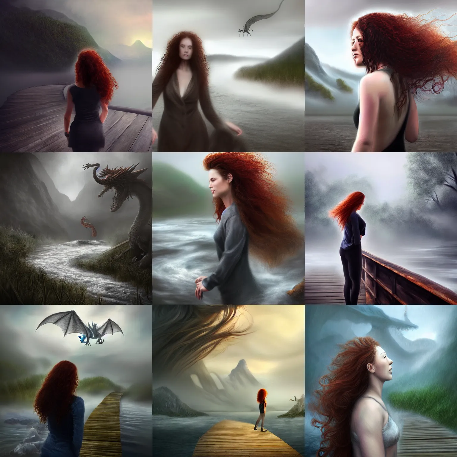 Image similar to a realistic digital painting of a woman with curly long redhair standing in a boardwalk on top of a river looking at a dragon flying out of the mountains in a fog during a thunderous weather. Trending on ArtStation. Epic Art. Emotional