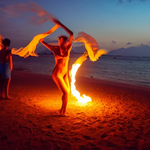 Prompt: fire dancing on Koh Phangan beach, full moon party