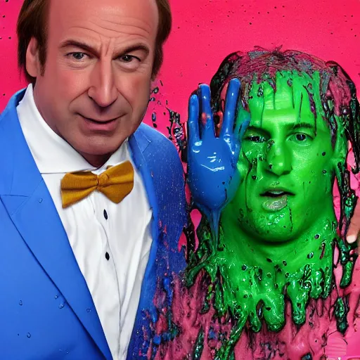 Image similar to Saul Goodman!, covered in slime!!, ((at the Kid Choice Awards)) , face close-up, award winning photography