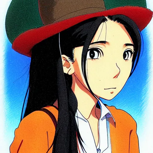 Image similar to beautiful mexican woman, tall, dark skin, septum piercing and nose ring, prominent cheek bones, black hair and brown eyes, studio ghibli art style, art by hayao miyazaki, makoto shinkai