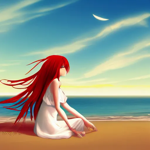 Image similar to detailed anime girl with long red hair in a white silky dress sitting in the sand on a beach at sunset, pixiv art