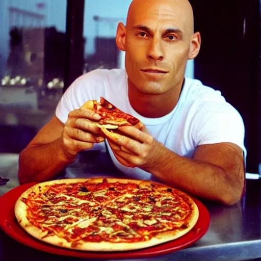 Image similar to johnny sins eating pizza, realistic photo, detailed face, cinestill