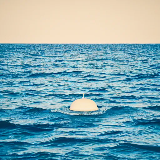 Prompt: a flying saucer with no apparent propulsion system, glowing in a blue haze, photographed above sea water with waves