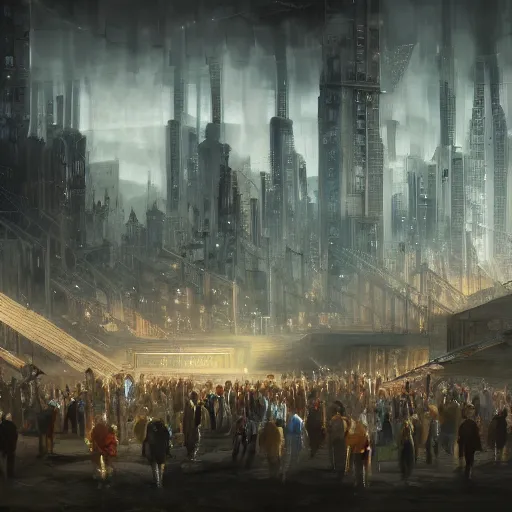 Prompt: large group people in a huge warehouse, gathered around a tabletop city | cinematic concept art | godrays | 4 k | clear details | tabletop | hologram foreground