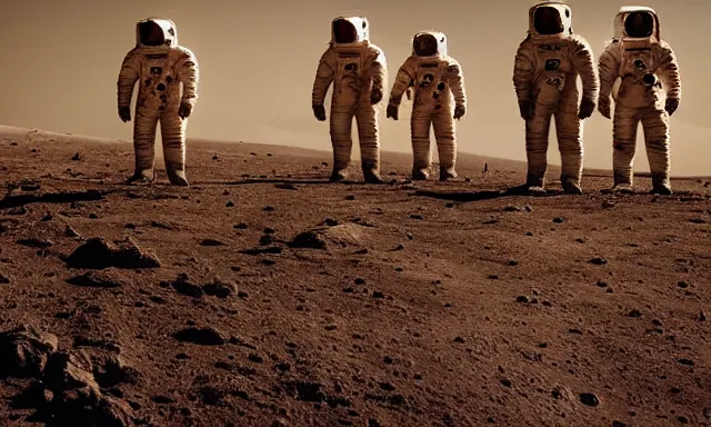 Prompt: astronauts standing on a hill on the moon dramatic harsh lighting lander in the far distance Doug Chiang Marc Gabbana earth in the far distance Anamorphic Cinematic Volumetric Lighting Epic Composition