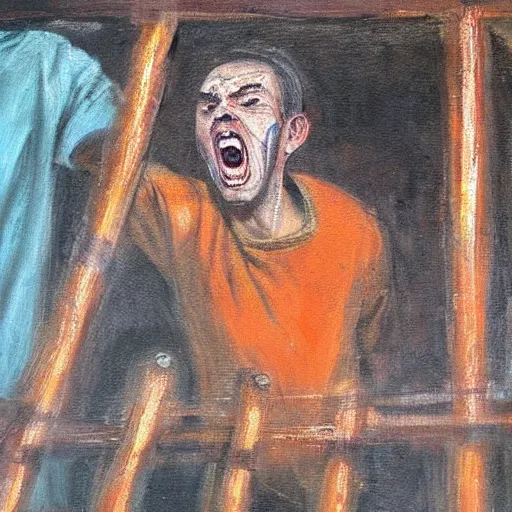 Image similar to a screaming prisoner holding prison bars, realism old painting