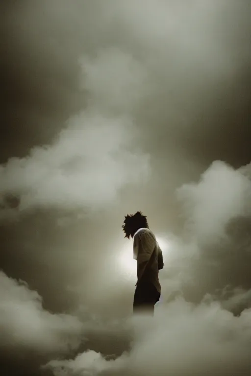 Prompt: agfa vista 4 0 0 photograph of a guy flying through the clouds, flower crown, lens flare, back view, moody lighting, moody vibe, telephoto, 9 0 s vibe, grain, vintage, tranquil, calm, faded