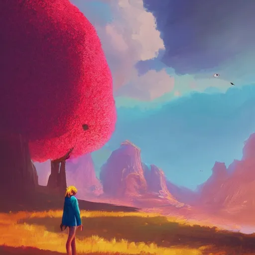 Image similar to giant cherry flower as a head, girl walking in a canyon, surreal photography, sunrise, dramatic light, impressionist painting, colorful clouds, digital painting, artstation, simon stalenhag