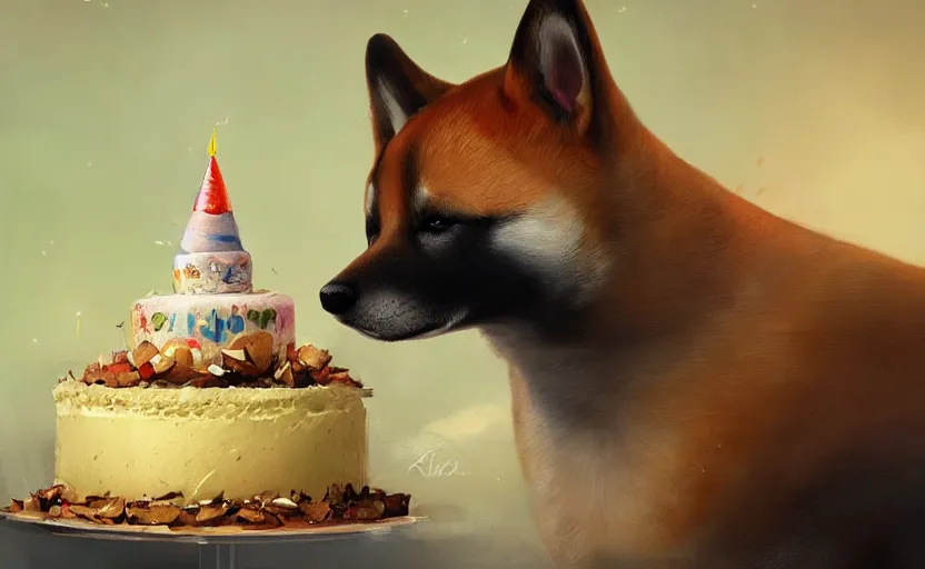 Image similar to a painting of a shiba and a birthday cake trending on artstation in the style of greg rutkowski