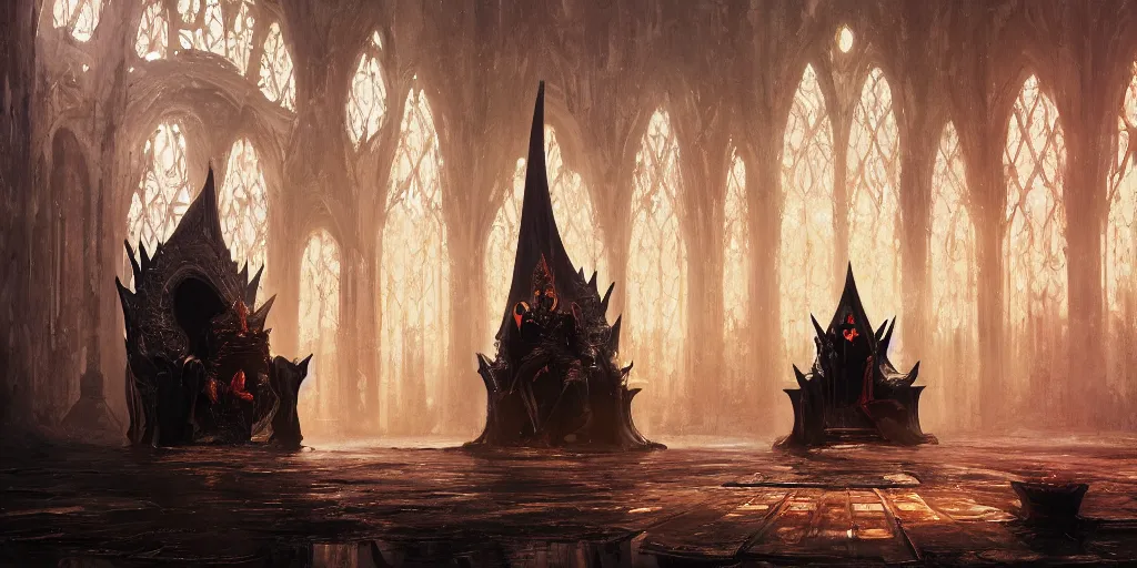 Prompt: Sauron resting in his throne, throne room in front of the Eye of Souron, oil painting, by Greg Rutkowski