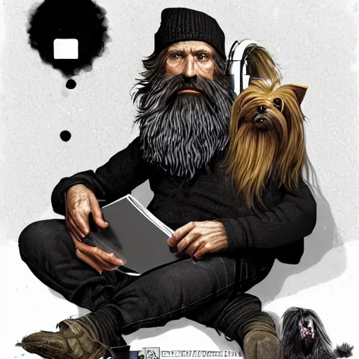 Image similar to homeless man hobo with long beard and long hair sitting at his computer in a white room asylum, headphones on head, his pet dog yorkshire terrier sitting beside him, pixar style, by tristan eaton stanley artgerm and tom bagshaw.