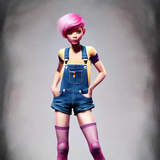 Image similar to full body pose, pixar, beautiful androgynous girl, pink pixie cut hair, torn overalls, short shorts, combat boots, fishnets, beautiful, highly detailed face, true anatomy!, extremely detailed!, digital painting, unreal engine 5, art by tom bagshaw