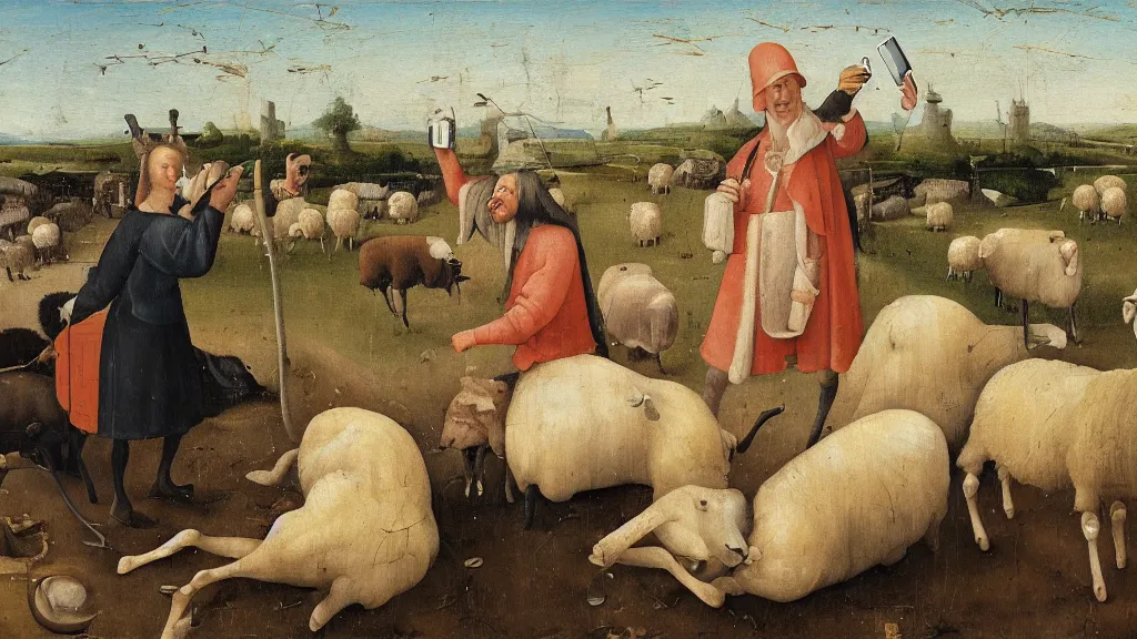 Image similar to A butcher and sheep taking a selfie smiling, in the fashion of Hieronymus Bosch, oil on canvas, painting, 4k, wide shot