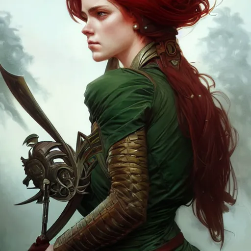 Image similar to Portrait of serious female ranger, D&D, green eyes, face, long red hair, fantasy, intricate, elegant, highly detailed, digital painting, artstation, concept art, smooth, sharp focus, illustration, art by artgerm and greg rutkowski and alphonse mucha