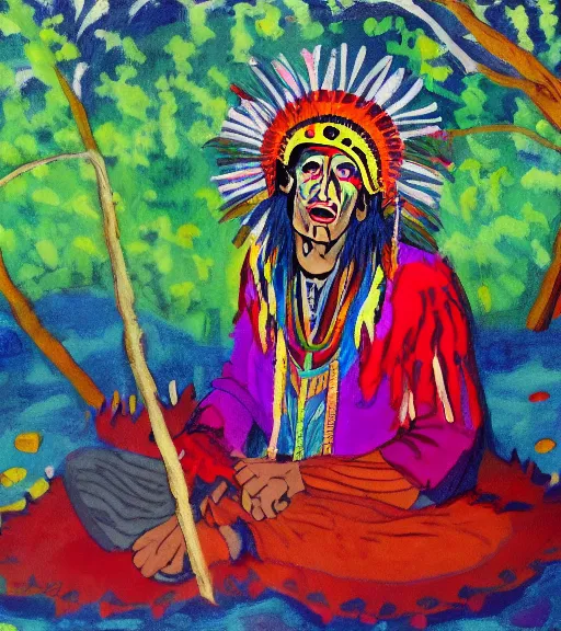 Image similar to Painting of a shaman dressed in a colorful traditional clothes. He is sitting in a forest next to a campfire, singing