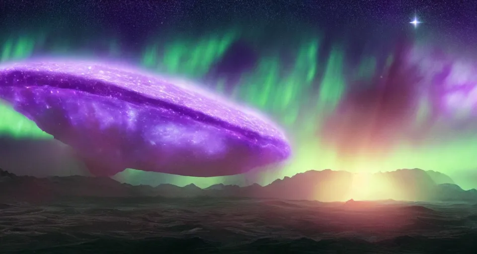 Image similar to screenshot from the new sci - fi film directed by denis villeneuve 4 k. cinema. close orbital of a new alien world nested within an asteroid belt nebula. purple and green lightning aurora upon it's surface.