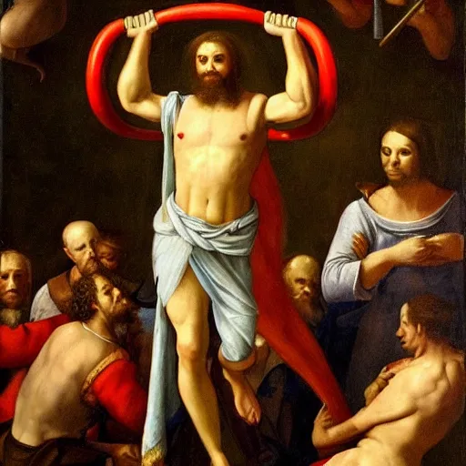 Image similar to renaissance painting of spongebob lifting weights