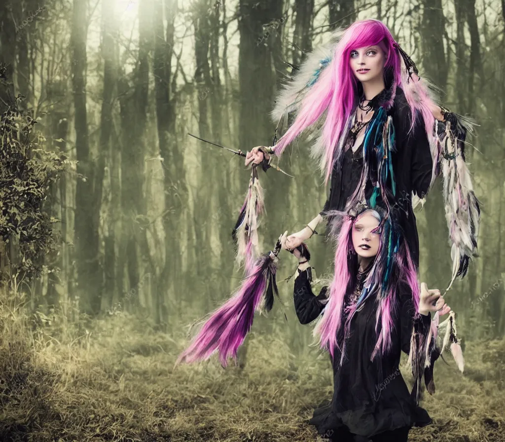 Image similar to realistic photo of a witch - like girl in a black cloack in jeans and with pastel pink hair and hazel eyes standing in woods full of sun beams holding a dreamcatcher and a tarot cards deck in a dreamy style, magical middleground with unicorns and a contemporary cityscape far on the background