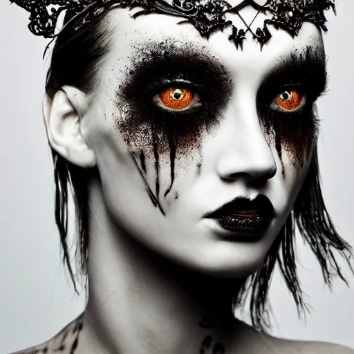 Image similar to a portrait of female model by stefan geselle and nekro borja, photorealistic, intricate details, hyper realistic, dark fantasy, ornate headpiece, dark beauty, photorealistic, canon r 3, photography, wide shot, photography, dark beauty, symmetrical features, wide angle shot, whole body, full body shot, 3 / 4 shot