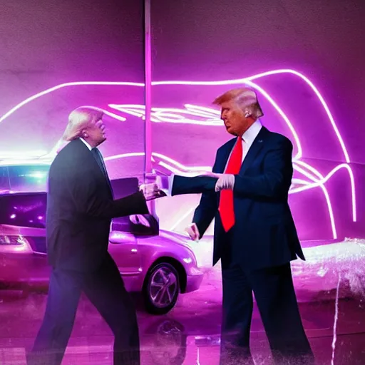 Prompt: donald trump and joe biden fighting inside of a car wash with neon lighting, 4k realistic photo