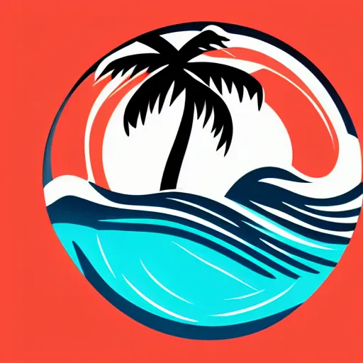 Prompt: waves in bottom front of a palm tree in front of a giant volleyball with seams vector logo, professional sports style, flat colour, svg, professional, sharp edges