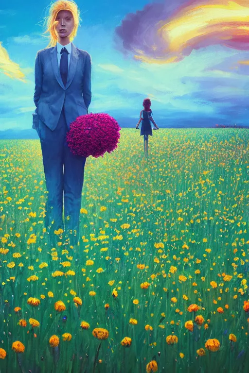 Image similar to closeup, giant flower head, girl in suit standing in a field of flowers, surreal photography, sunrise, blue sky, dramatic light, impressionist painting, digital painting, artstation, simon stalenhag