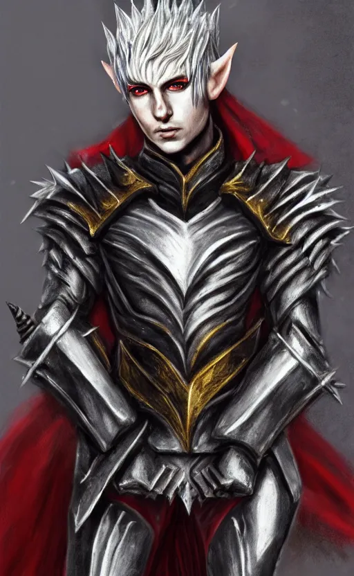 Image similar to A portrait of a male elf, 20 years old, short silver hair, red eyes, wearing a spiked black metal crown, black heavy armor with gold trim, and a red cape, lean but muscular, attractive, command presence, royalty, weathered face, smooth, sharp focus, illustration, concept art, highly detailed portrait muscle definition, fantasy painting, ArtStation, ArtStation HQ