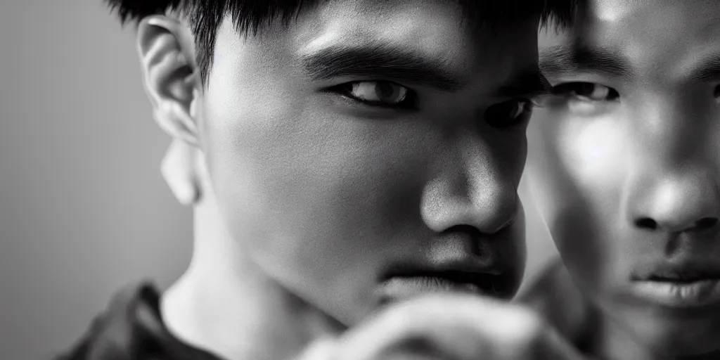 Prompt: Asian male, black hair, sharp eyes, fierce expression, cinematic monochromatic portrait photo by Leica Zeiss using force in detailed depth of field lens flare mcu style trending on artstation Flickr realistic hd by Kubrick and lucas