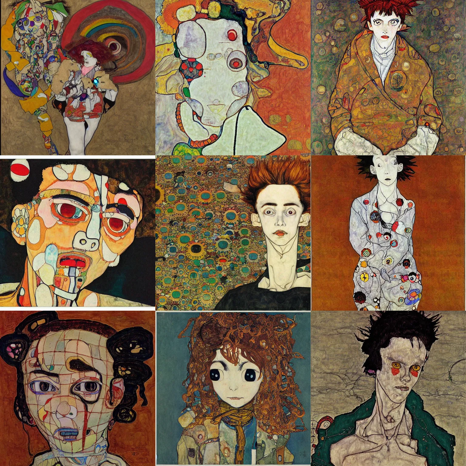 Prompt: artwork by egon schiele, takashi murakami