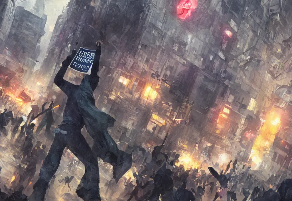 Image similar to angry protester holding placard, detailed digital illustration by greg rutkowski, medium shot, android netrunner